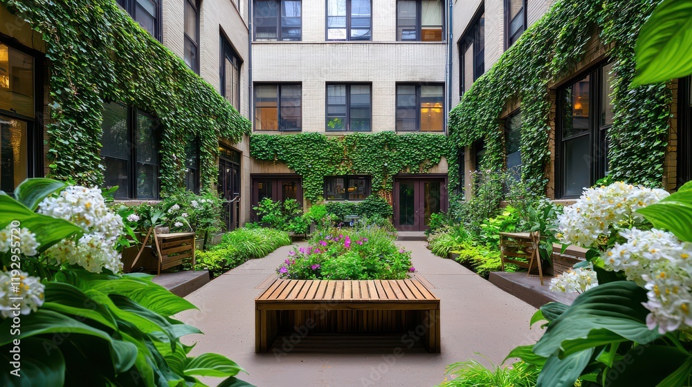 Fototapeta premium An urban garden courtyard with ivy-covered walls, flowering plants, and a central wooden bench.