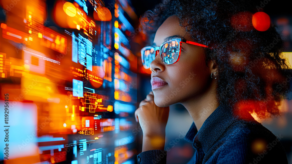 Digital identity exploration with woman wearing glasses, reflecting data visuals. vibrant colors and technology create futuristic atmosphere, emphasizing innovation and connectivity