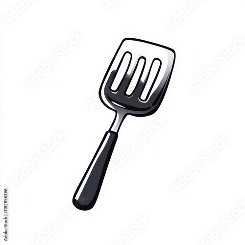 Black and white illustration of a spatula on a white background in cartoon style