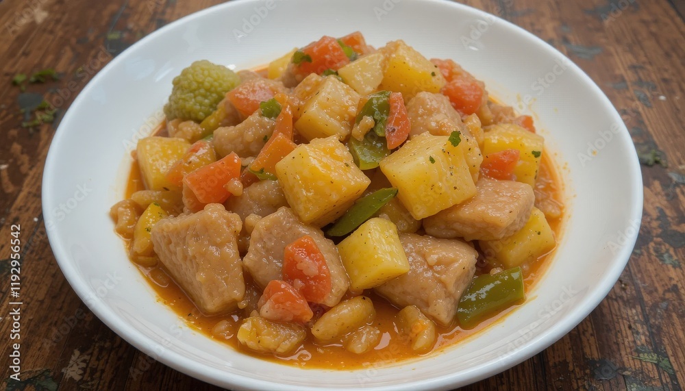 Delicious stew of potatoes, vegetables, and protein, served in a white bowl. Delicious stew of potatoes, vegetables, and protein, served in a white bowl.