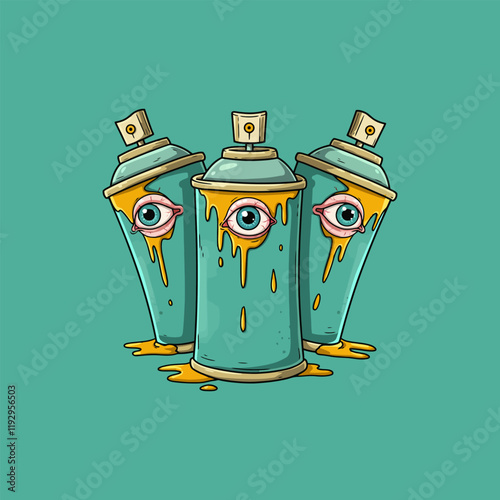 A stylized illustration depicts three spray paint cans with eyes as their central feature, surrounded by dripping yellow paint.