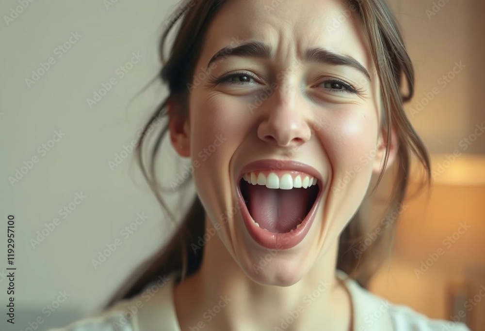 Relaxed female yawning with a subtle smile Relaxed female yawning with a subtle smile