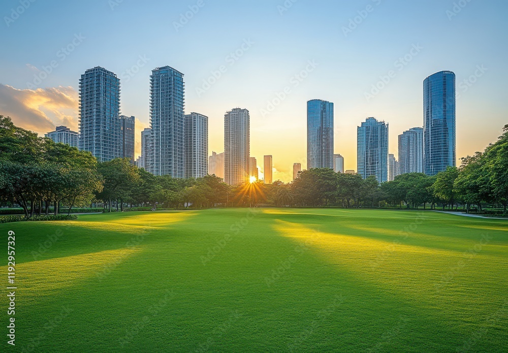 Obraz premium Breathtaking Sunset Over Urban Skyline with Green Lawn and Modern Architecture, Showcasing Nature and City Life in Perfect Harmony