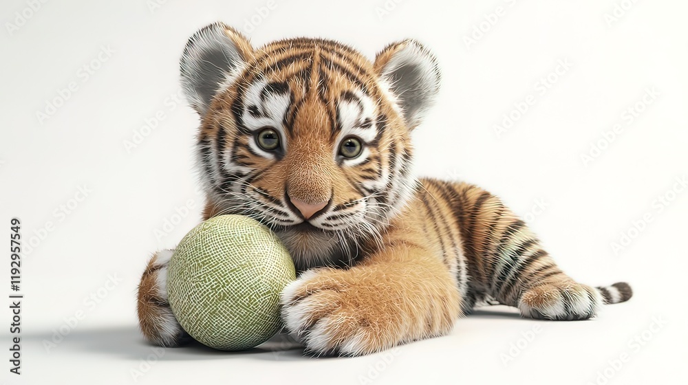 Obraz premium Adorable tiger cub playing with a green ball on white background.