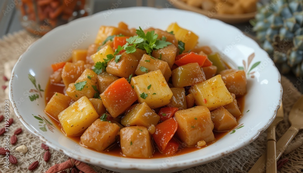 Delicious stew of potatoes, vegetables, and protein, served in a white bowl. Delicious stew of potatoes, vegetables, and protein, served in a white bowl.