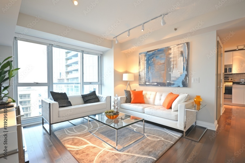 Fototapeta premium A modern, bright living room with a lounge area near a glass window, creating a comfortable and inviting space for relaxation and enjoyment. MZ