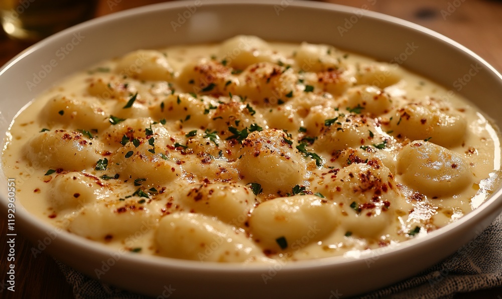 Creamy cheese gnocchi, close-up, rustic setting Creamy cheese gnocchi, close-up, rustic setting