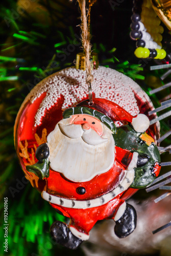 Christmas tree decoration with Santa Claus toy. Christmas background. Christmas tree and toys, Snowman and tree