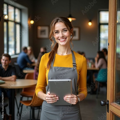 Young Female Barista Using a Tablet to Enhance Customer Experience in a Vibrant Café Setting