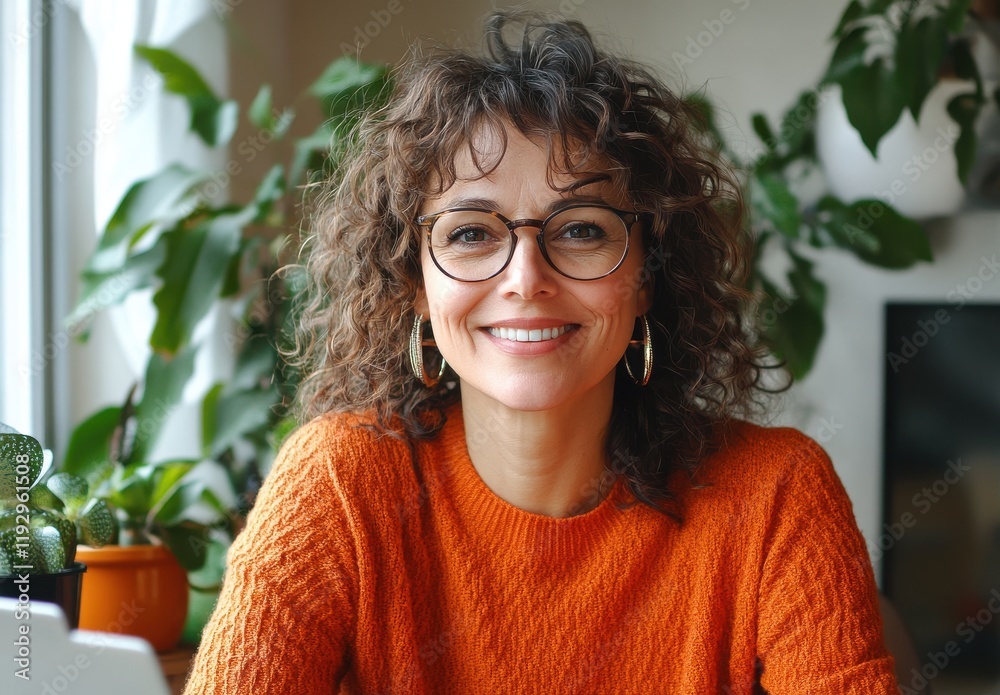 Cheerful woman with curly hair in cozy sweater smiling at home, surrounded by indoor plants, reflecting warmth and positivity in a bright atmosphere Cheerful woman with curly hair in cozy sweater smiling at home, surrounded by indoor plants, reflecting warmth and positivity in a bright atmosphere