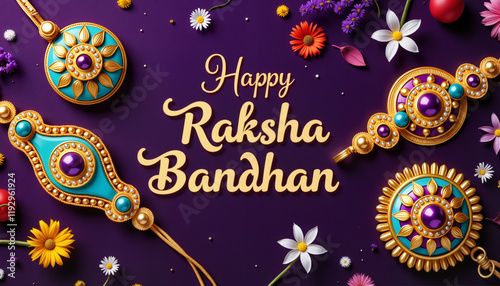 Vibrant Raksha Bandhan rakhis on purple background, festive elegance photo