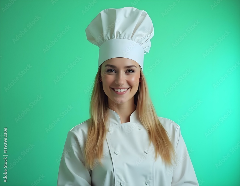 Young Caucasian chef smiling cheerfully against a soft green background with iridescent light. Young Caucasian chef smiling cheerfully against a soft green background with iridescent light.