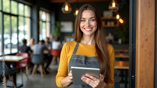 Young Barista with a Tablet in a Modern Café, Offering Excellent Customer Service with a Bright Smile