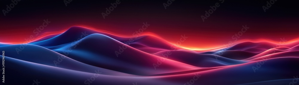 Fototapeta premium A vibrant abstract landscape featuring smooth, undulating waves in shades of blue and red against a dark backdrop, creating a futuristic atmosphere.