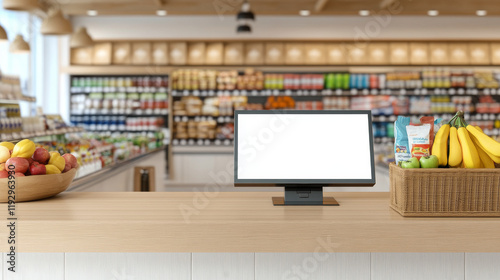 supermarket checkout counter with empty lightbox, fresh fruits, and bright atmosphere