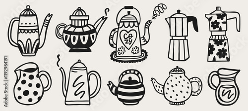 Cute doodle kettles and teapots. Hand drawn vector set. Teapot collection for English afternoon tea ceremony
