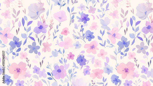 The image is a seamless pattern with various pastel-colored flowers and leaves