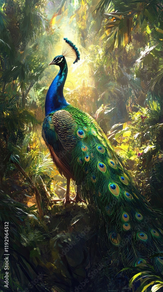 A majestic peacock fully spreading its vibrant A majestic peacock fully spreading its vibrant