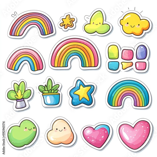 A colorful collection of cute stickers featuring rainbows, hearts, clouds, and stars, perfect for adding a cheerful touch to any project.