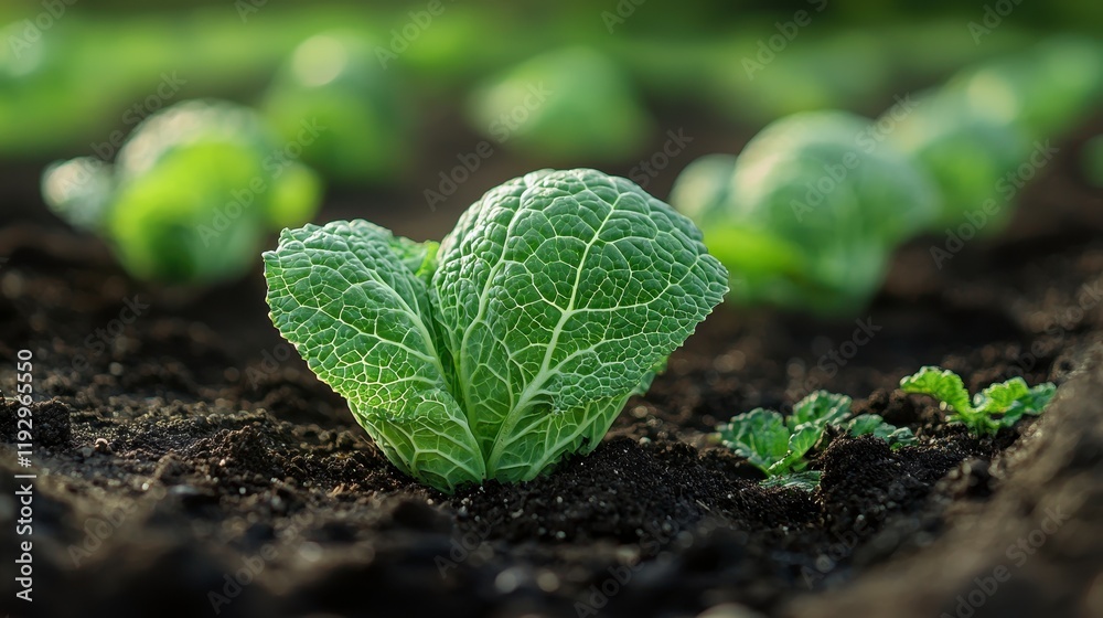 Close-up of a young cabbage plant growing in rich dark soil, surrounded by other plants. Close-up of a young cabbage plant growing in rich dark soil, surrounded by other plants.