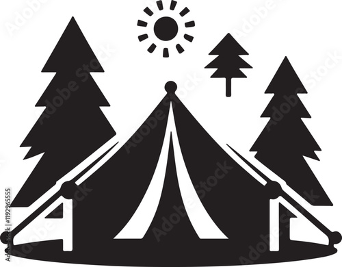 camping tent among pine tree silhouette design vector art illustration