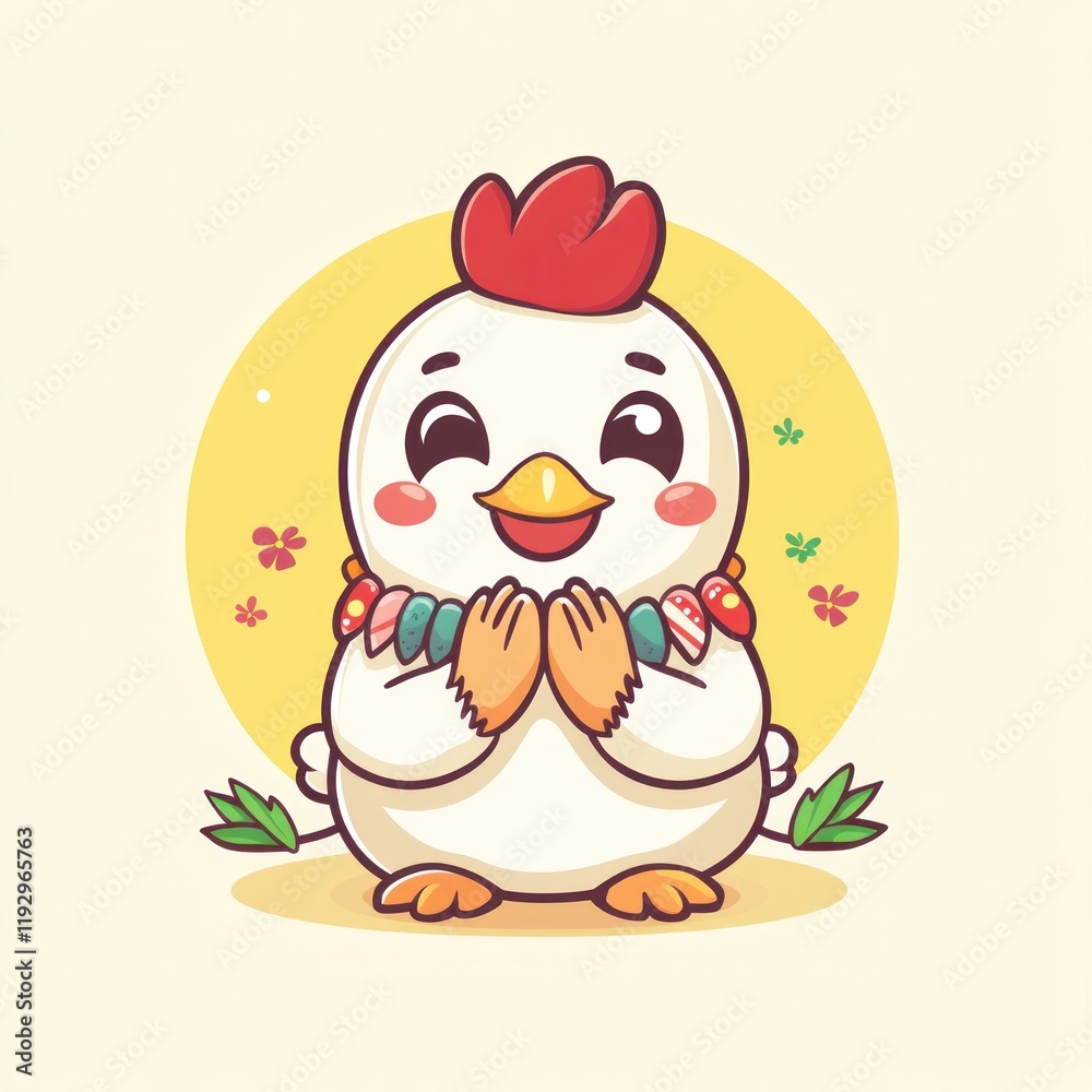 Obraz premium Happy cartoon rooster floral background greeting card