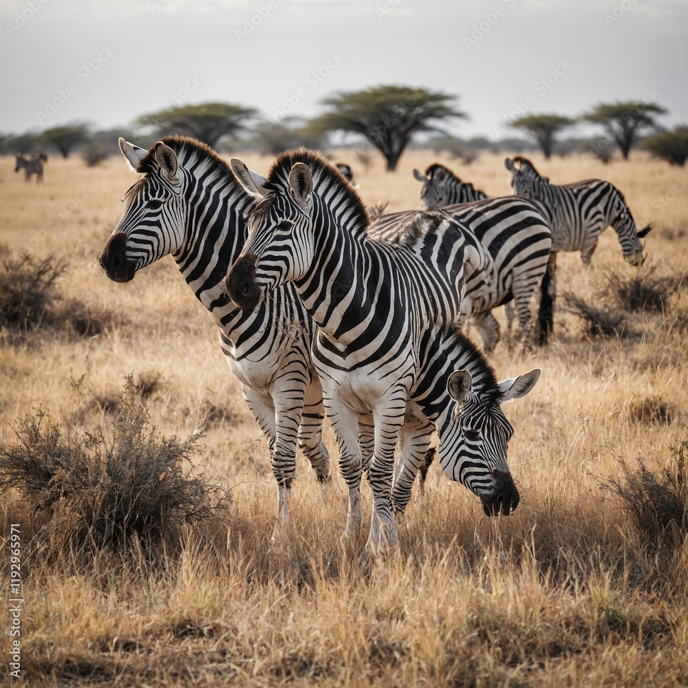 A stunning zebra herd grazing in the savanna on a white background. A stunning zebra herd grazing in the savanna on a white background.