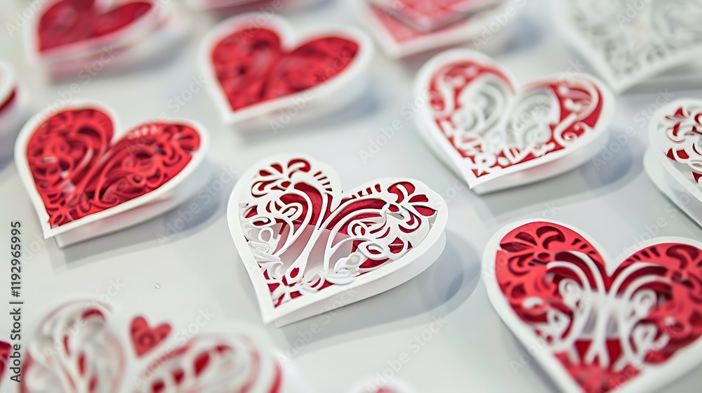 Fototapeta premium A handmade Valentines craft featuring heart-shaped red and white paper cutouts, arranged on a white table,