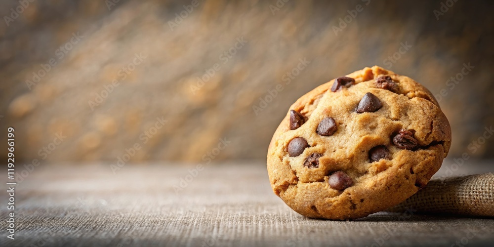 A single, delicious chocolate chip cookie rests on a rustic surface, inviting a sweet treat. A single, delicious chocolate chip cookie rests on a rustic surface, inviting a sweet treat.