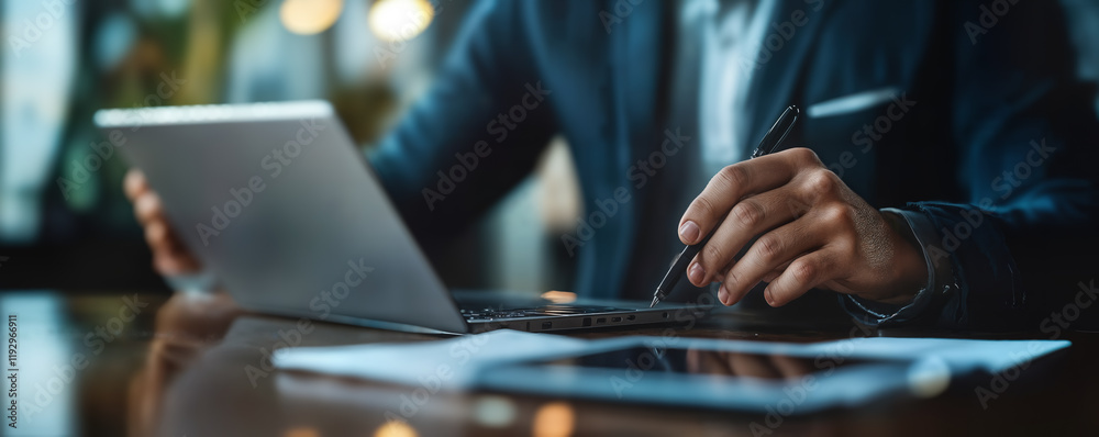 Business Professional Working on Laptop and Tablet in Office for E-Business Business Professional Working on Laptop and Tablet in Office for E-Business