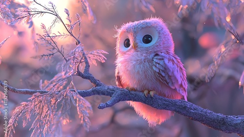 Cute pink owl perched on a branch at sunset. photo