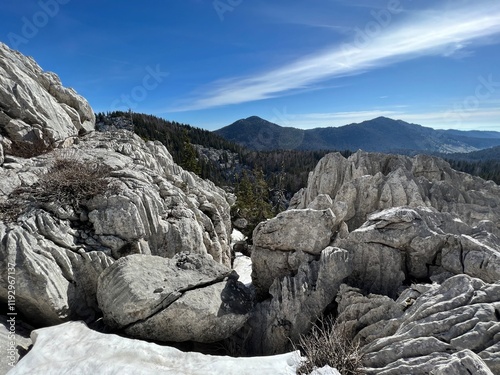 Limestone rocks and karst mountain landscape - Northern Velebit National Park, Croatia (Vapnenačke stijene i krški planinski krajolik - Nacionalni park Sjeverni Velebit, Hrvatska) photo