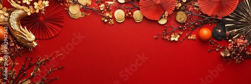 Chinese New Year theme background with copy space. Red fans, gold coins, tangerines, cherry blossoms, holiday golden branches, decor, wishes envelopes. gold dragon on red background