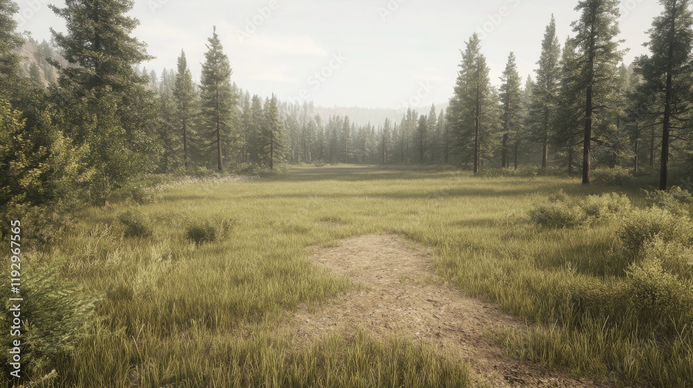 Serene forest meadow with a dirt path.