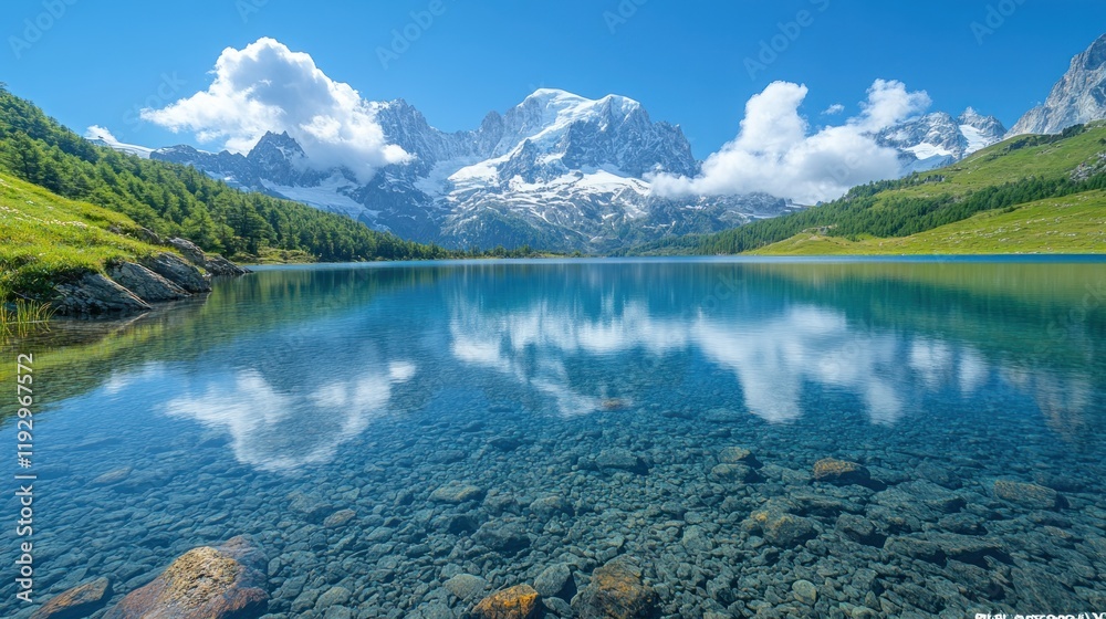 Fototapeta premium Alpine lake with snow-capped mountains and clear water