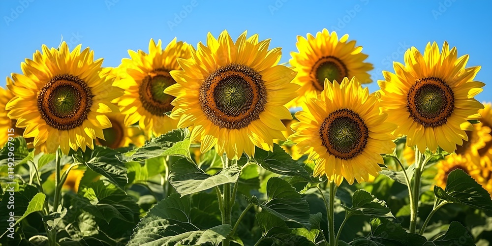 Fototapeta premium Bright yellow sunflowers in full bloom against a vibrant blue summer sky.