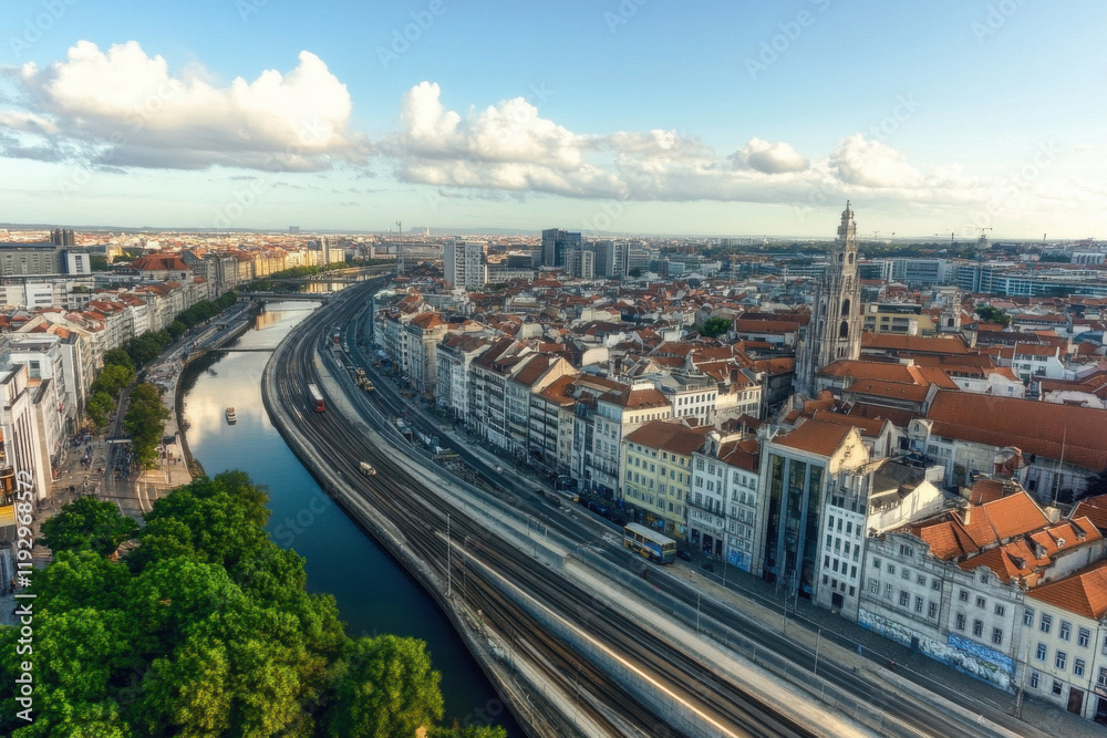Obraz premium A city with a river running through it and a train track