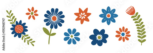 Folk art flower vector illustration set
