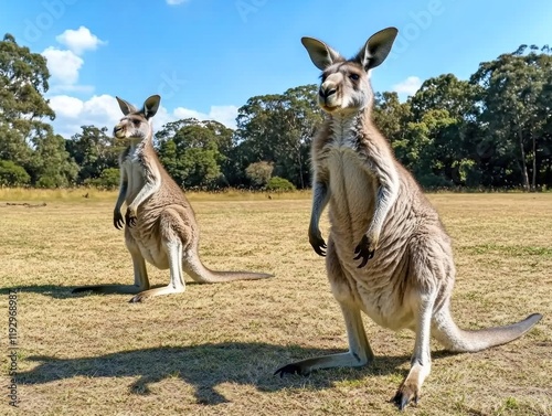 A majestic western grey kangaroo stands upright on its powerful hind legs, with grey and white fur glistening under the sun in the Australian outback landscape. photo