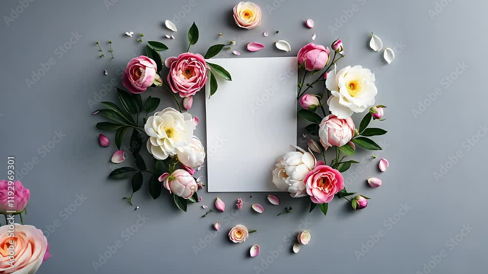 Floral Frame with Pink and White Roses, Green Leaves, and Blank Card on Elegant Minimal Gray Background

