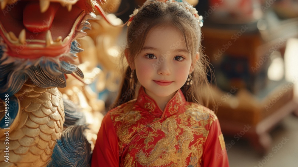 Young Girl In Traditional Chinese Dragon Dress Young Girl In Traditional Chinese Dragon Dress