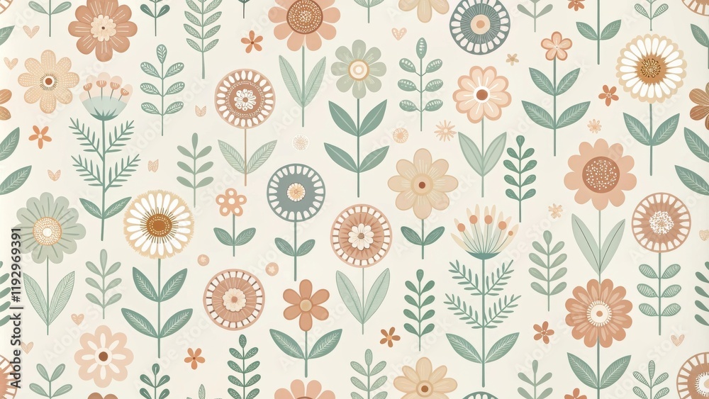 A charming seamless pattern featuring an array of stylized floral elements in a palette of soft earth tones and muted greens.
