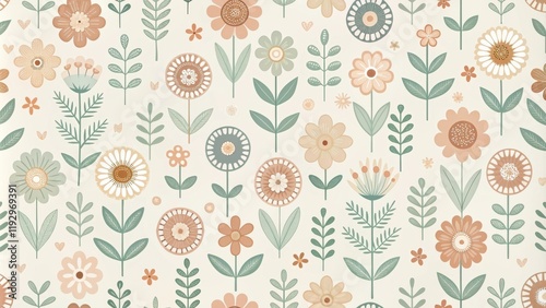 A charming seamless pattern featuring an array of stylized floral elements in a palette of soft earth tones and muted greens.
