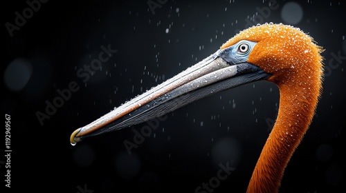 Close-up view of a pelicans long beak with water droplets on it during a bright sunny day
