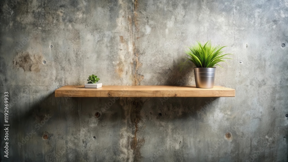 Simple wooden shelf against a textured concrete wall, decorated with potted plants