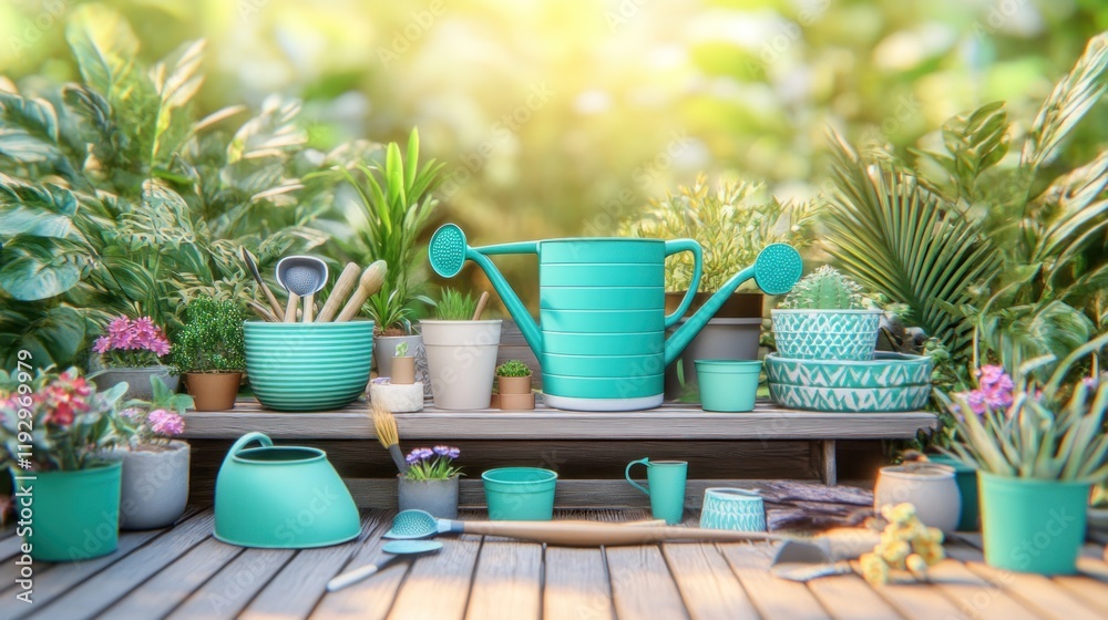 Sunlit Deck with Gardening Tools and Pots Surrounded by Lush Greenery Sunlit Deck with Gardening Tools and Pots Surrounded by Lush Greenery