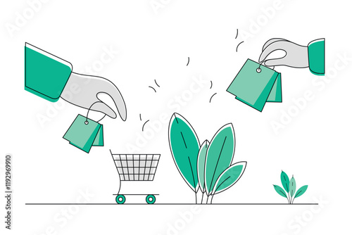 two hands placing green shopping bags into a cart Vector illustration online shopping or delivery, with green elements and plants highlight eco friendly and sustainability modern e-commerce