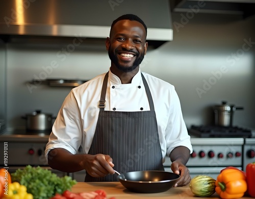 A candid image of a Black chef with short dark hair, wearing a white uniform and apron, confidently smiling while holding a frying pan in a modern kitchen with vibrant vegetables and appliances.