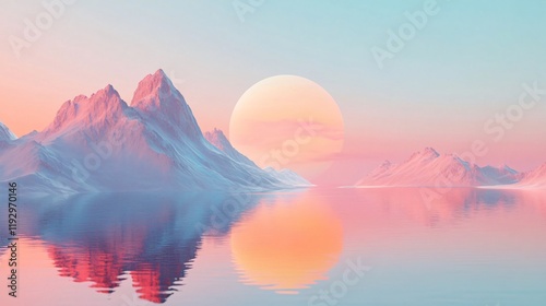 Snow-capped mountains stand under a mesmerizing surreal sun, reflecting pink hues on water, creating a dreamlike and enchanting landscape filled with tranquility. photo