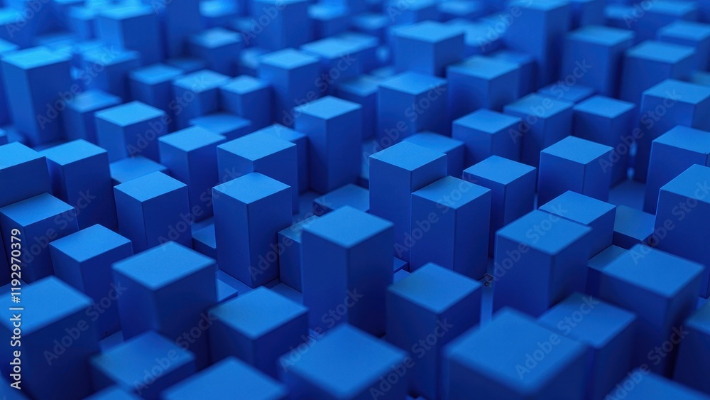 A mesmerizing cluster of diverse blue cubes, varying in size and shape, intricately arranged against a soft, blurred indoor backdrop A mesmerizing cluster of diverse blue cubes, varying in size and shape, intricately arranged against a soft, blurred indoor backdrop